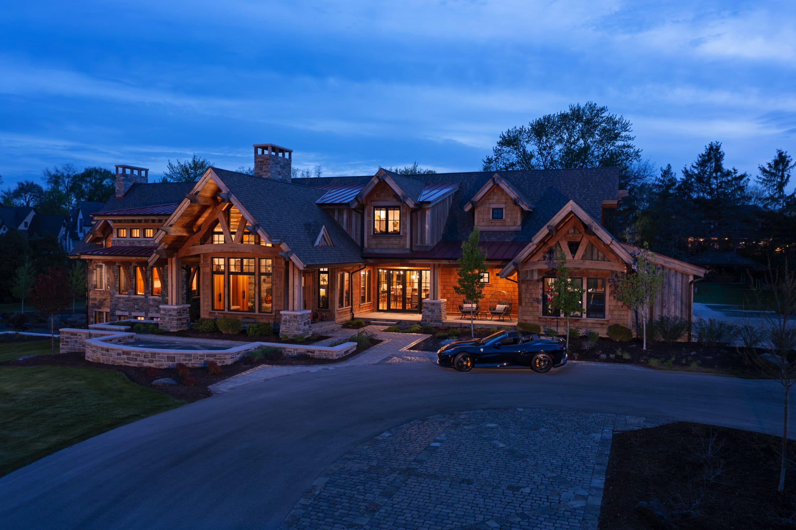 Reclaimed Barn Wood Timber Frame Home Exterior Single Family Residence Luxury Property Custom Designed by Michael Donohue with Stillwater Architecture