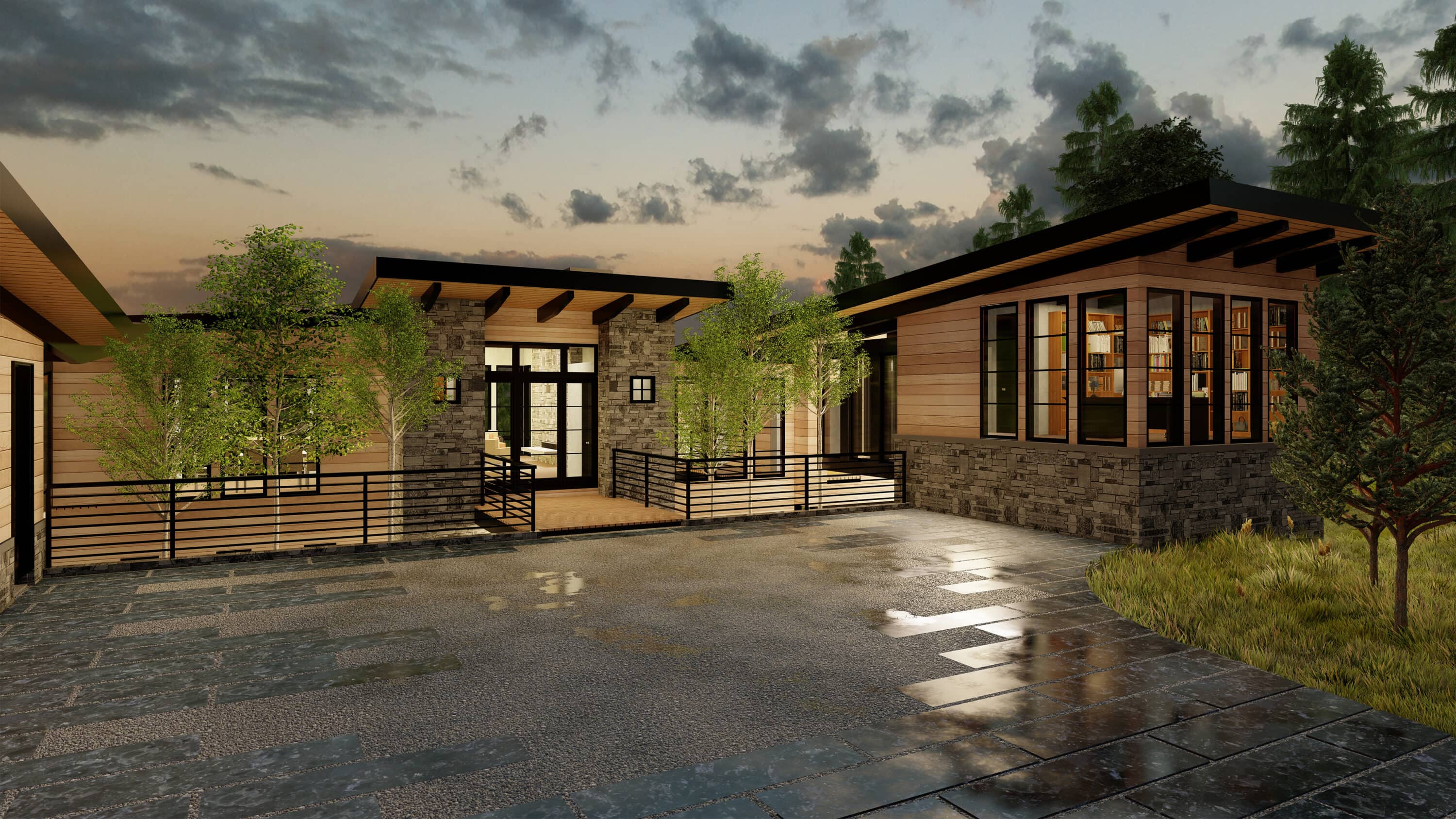 Streetside Rendering of Big Sky MT Spanish Peaks Residence, contemporary design with clean hard lines, light woods ands natural stone.