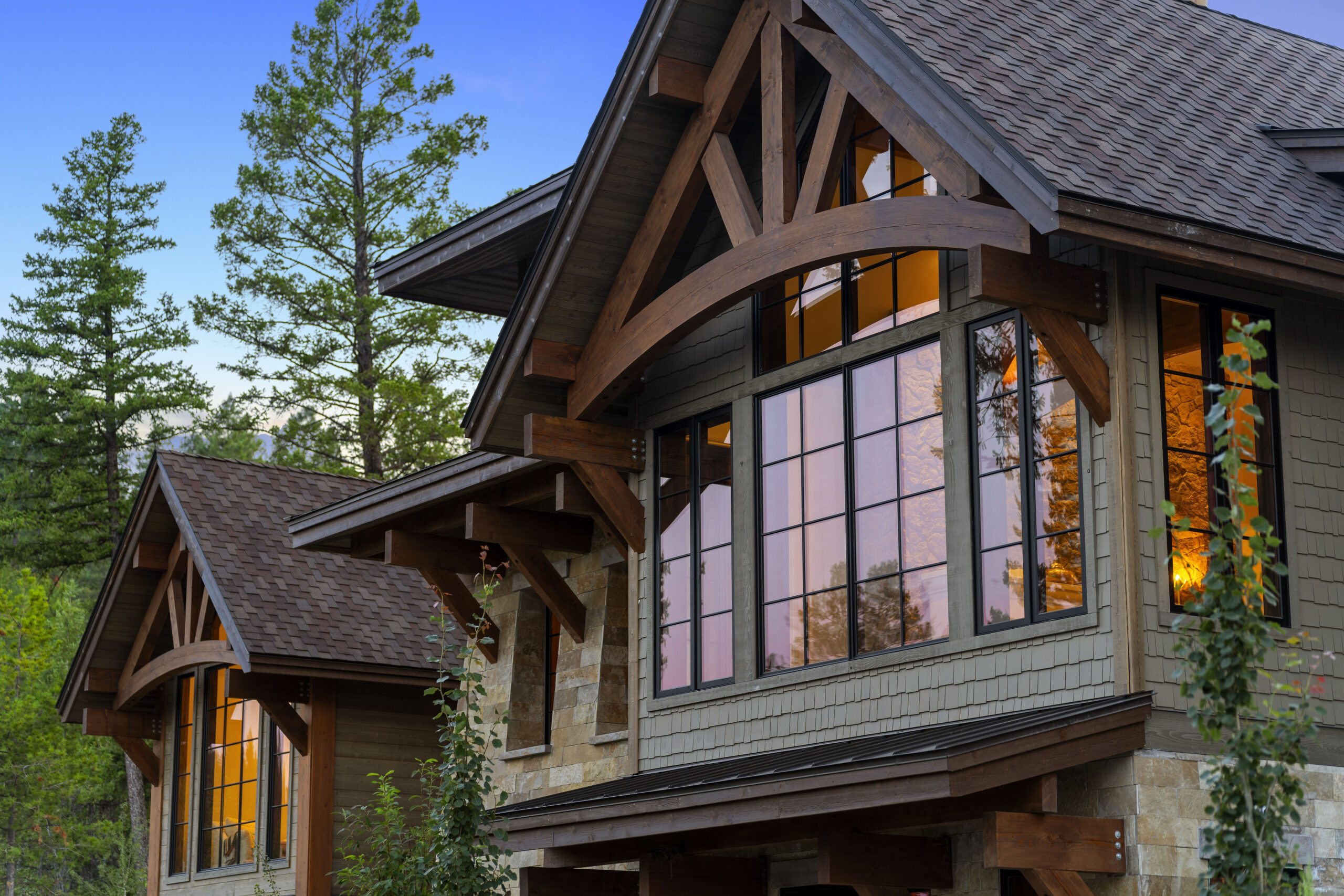 Timber frame accents on Lion Mountain Retreat in Whitefish Montana